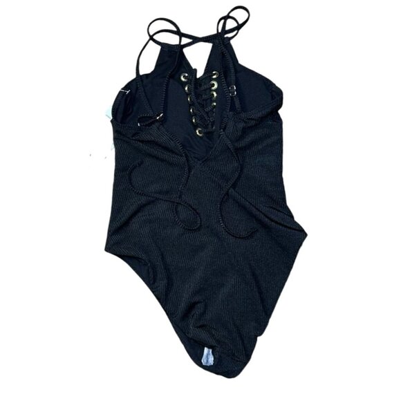 Hula Honey Shimmer Rib Lace-up One-Piece Swimsuit in Black NWOT Small - Picture 4 of 5